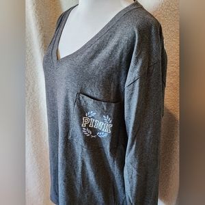 PINK by Victoria's Secret Long Sleeve Vneck Tshirt Size Large Dark Gray NWOT